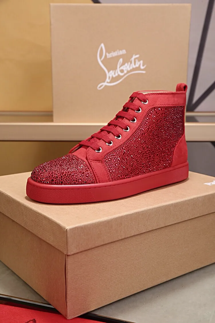 Ex-factory price 480. christian louboutin (CL red sole shoes) counter hot diamond series, high-top casual sneakers for couples 📢 📢 📢 Exclusive hot style release 🎈🎈💪 Movable latex feet 👻 Finished outsole sewing line [satisfied] 😝Female 35-40# Male 38#-46, global supply😝 [Top version]: original imported cowhide upper, top original leather lining, original molded TPU outsole, original 1:1 detail processing, original shoe last, large quantity available from stock,